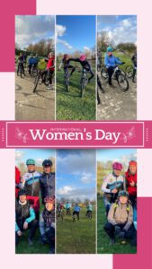Mehrere Bilder von Frauen, die auf Mountainbikes sitzen.