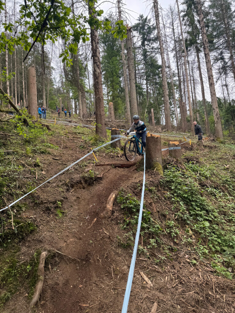 Jugendliche fahren ein Mountainbikerennen im Wald.