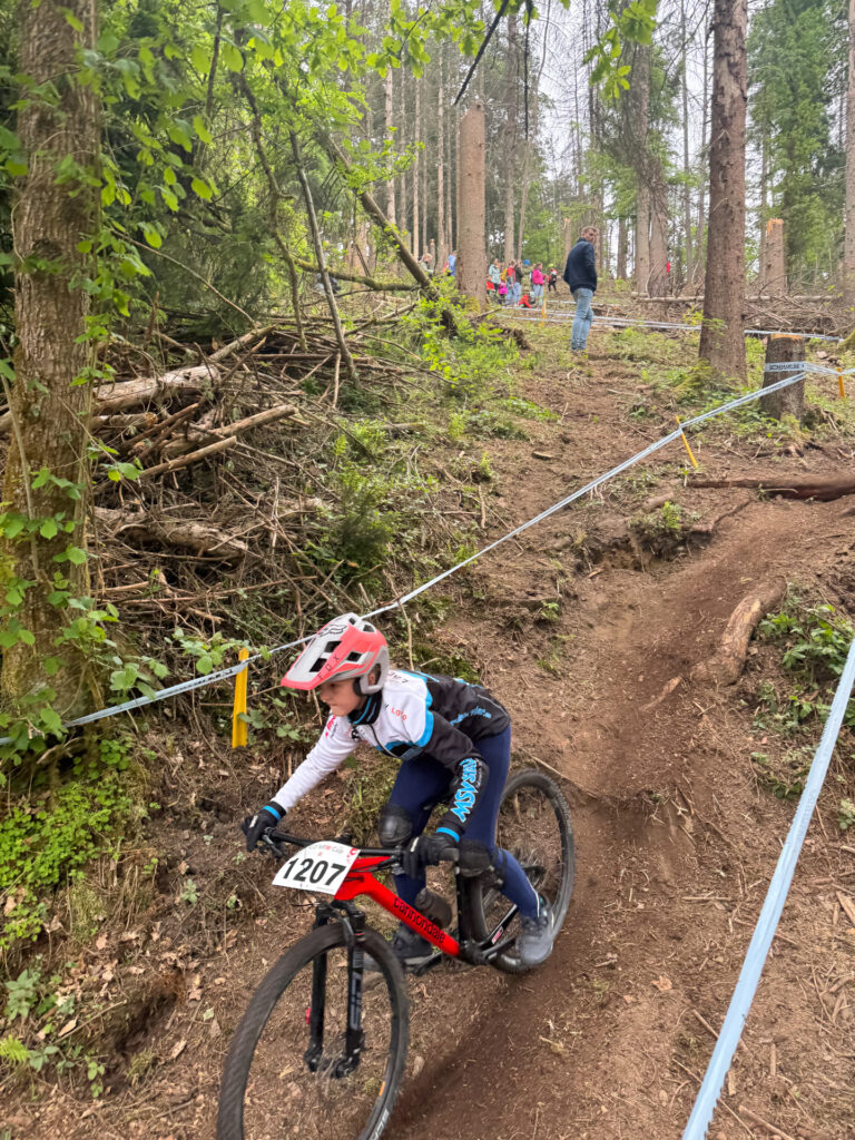 Jugendliche fahren ein Mountainbikerennen im Wald.