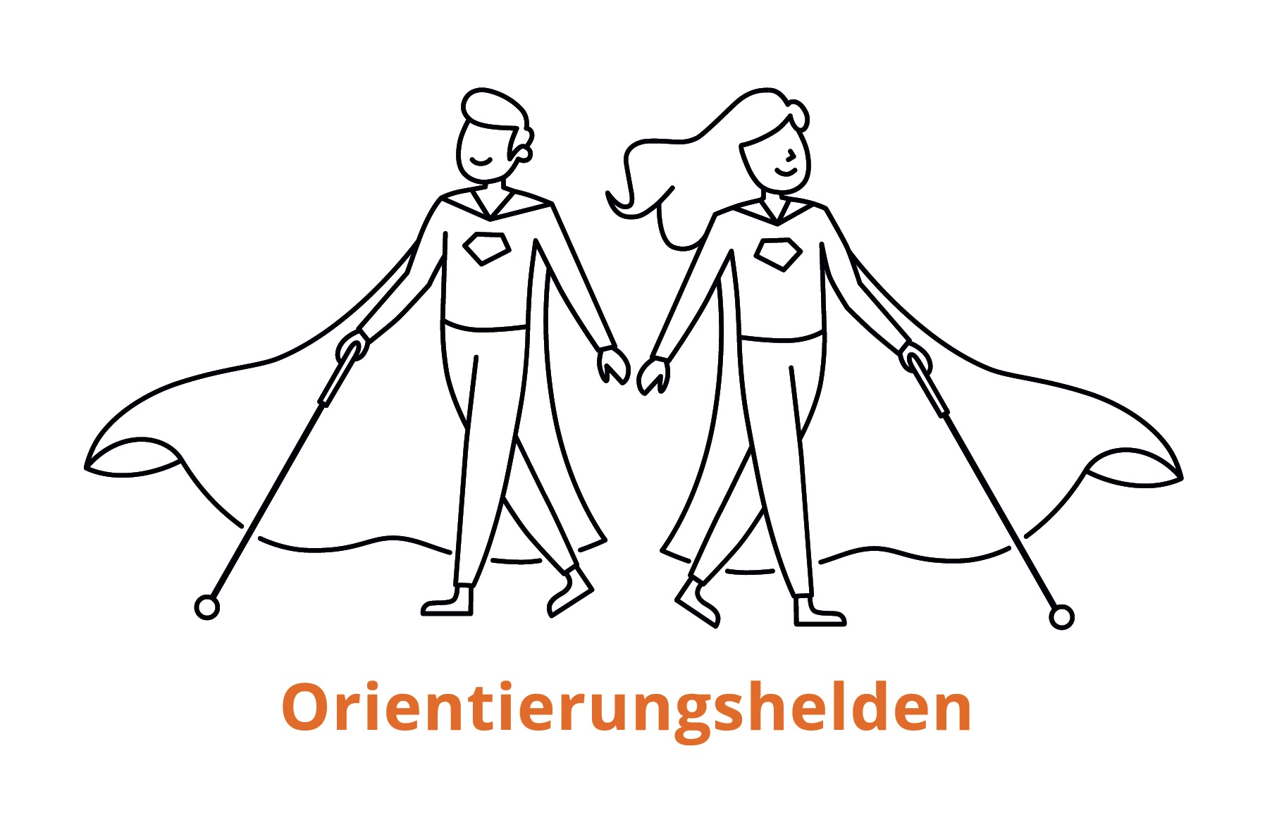 Das Orientierungshelden-Logo zeigt zwei helle Figuren mit Umhängen, die selbstbewusst mit ihren Blindenstöcken gehen.